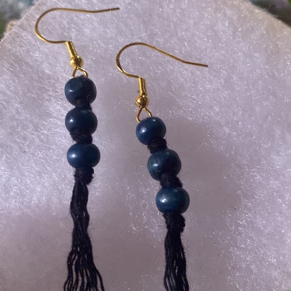 Dark Navy Blue Hand Crafted Macrame Tassel Fringe Earrings Wood Beaded Accents - Picture 6 of 9